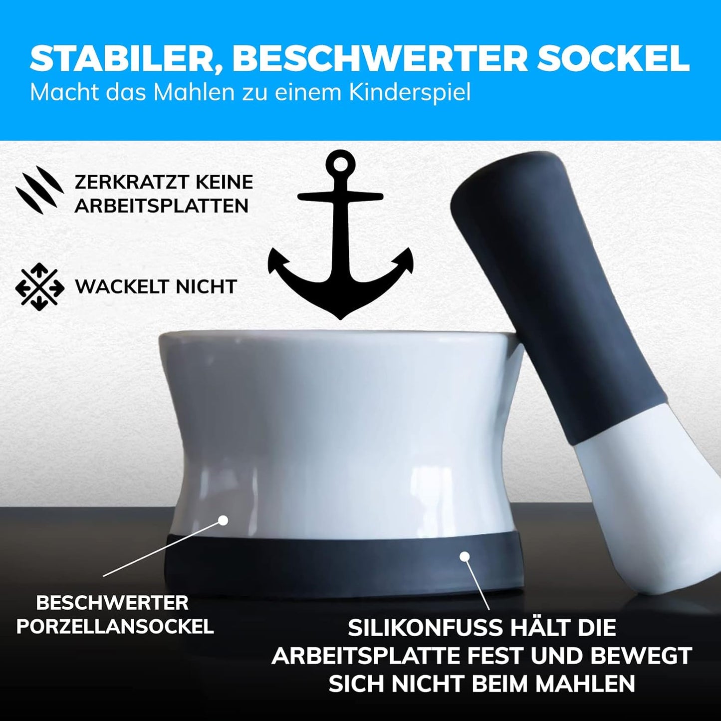 EZ-Grip Silicone & Porcelain Mortar and Pestle With Non-Slip Detachable Silicone Base - NEW DESIGN - Dishwasher Safe by Cooler Kitchen