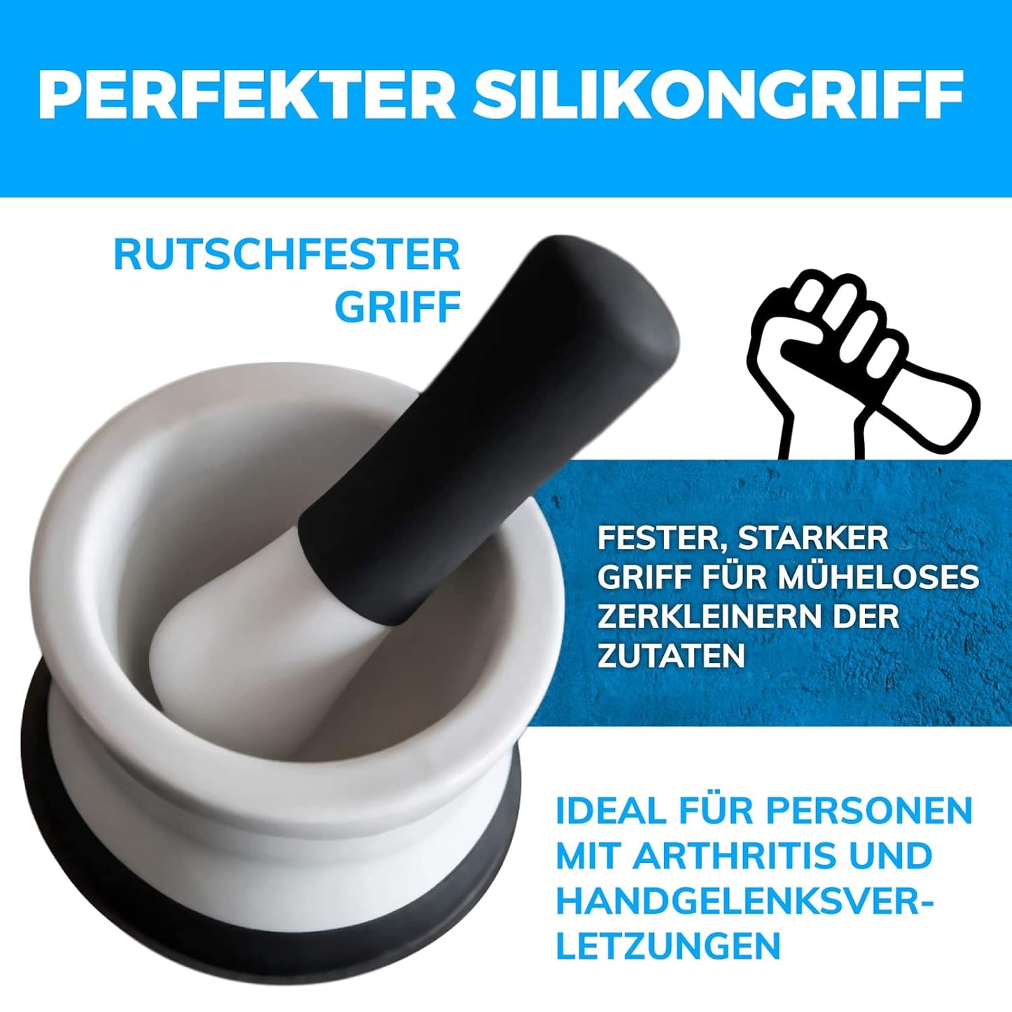 EZ-Grip Silicone & Porcelain Mortar and Pestle With Non-Slip Detachable Silicone Base - NEW DESIGN - Dishwasher Safe by Cooler Kitchen